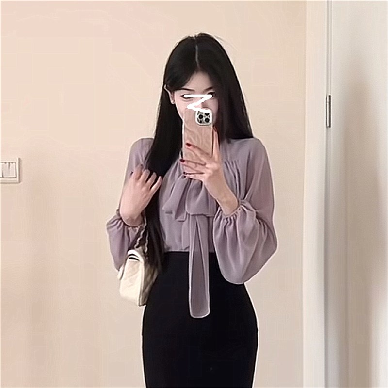 轻熟系长袖宽松雪纺衬衫女2025春秋季飘带V领灯笼袖网红打底衬衣