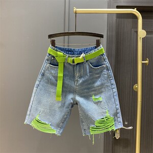 欧货2025夏季新款时尚彩色乞丐破烂牛仔五分裤女宽松显瘦阔腿中裤