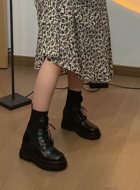 慧芝huizhi 矮胖妹妹要入 内增高8cm加绒飞织面料黑色厚底马丁靴