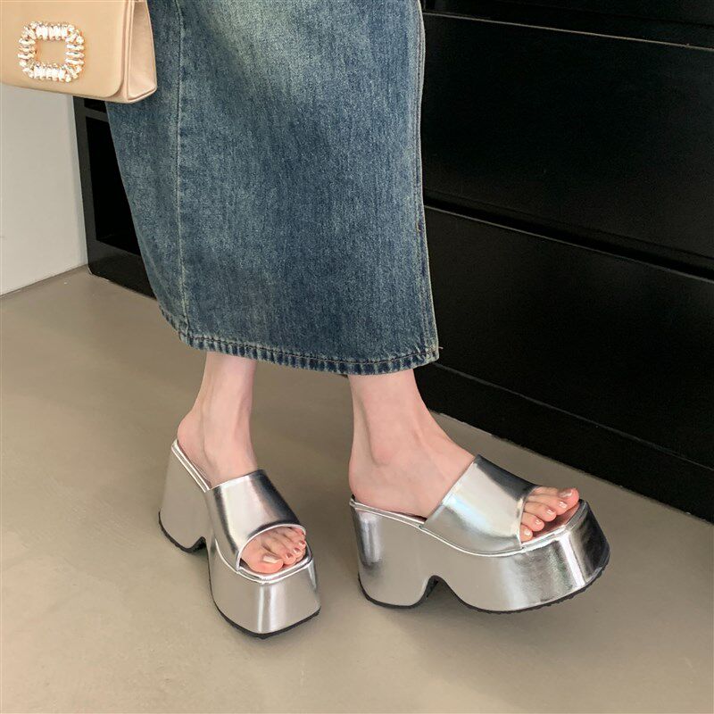 2025小个子增高凉鞋女夏粗跟恨天高防水台坡跟厚底超高跟鞋凉拖鞋