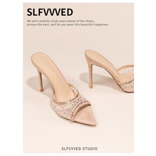 凉拖鞋女夏外穿高跟鞋细跟尖头一字拖水钻凉鞋2024新款裸