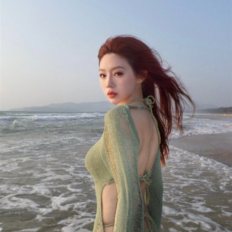 绿色比基尼罩衫温泉泳衣女2024新款三亚海边O度假外搭长袖套头沙