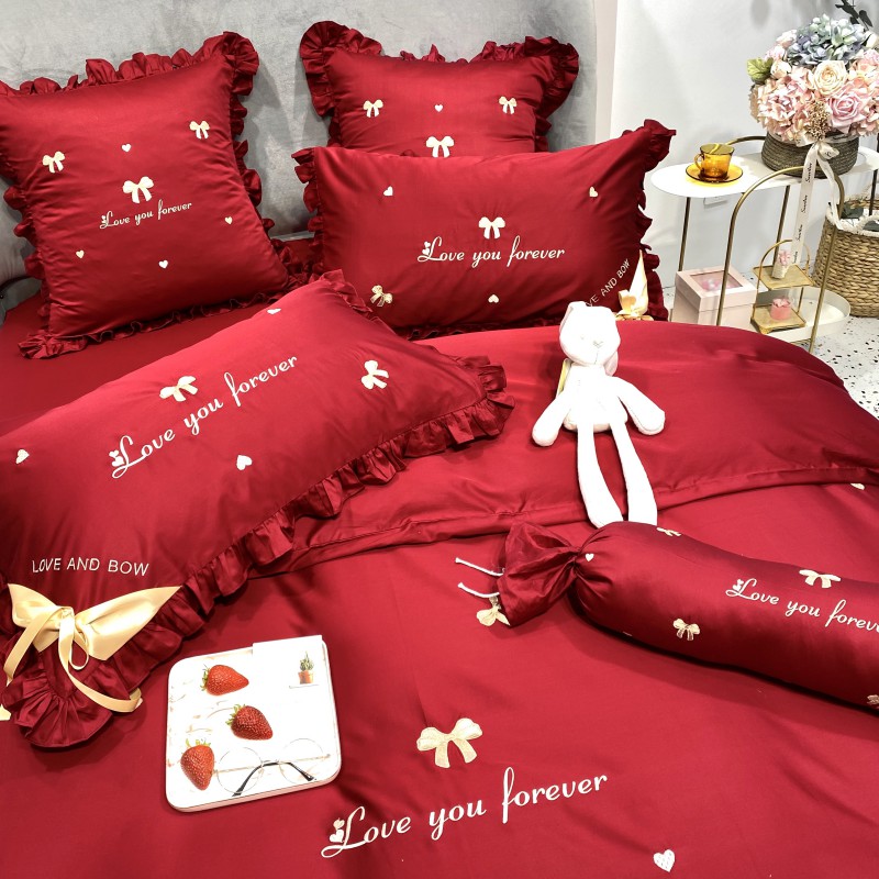 简约100s长绒棉婚庆四件套纯棉全棉爱心被套红色结婚床单床上用品