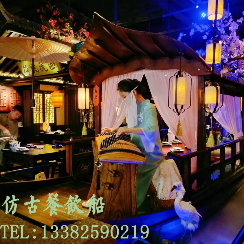 仿古木船渔船装饰实木水上观光乌篷景观户外电动游船小画舫餐饮船