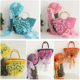 女包夏季 花朵手工度假草编包袋编织包手提包草包海边沙滩遮阳草帽