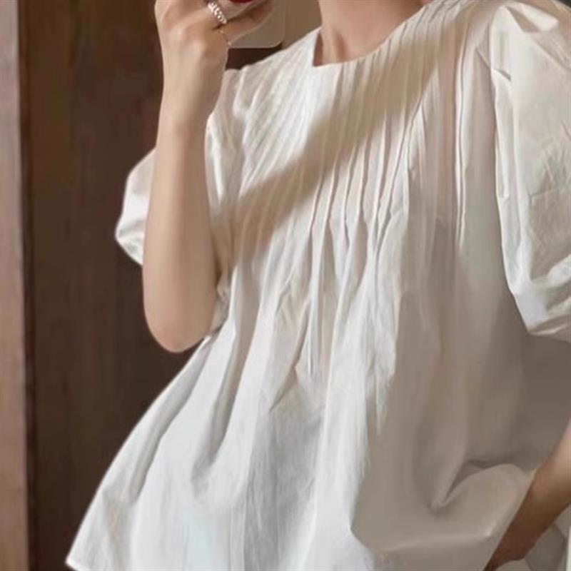 2025夏季新i款风琴褶圆领白色衬衫女减龄韩系设计感宽松泡泡袖衬