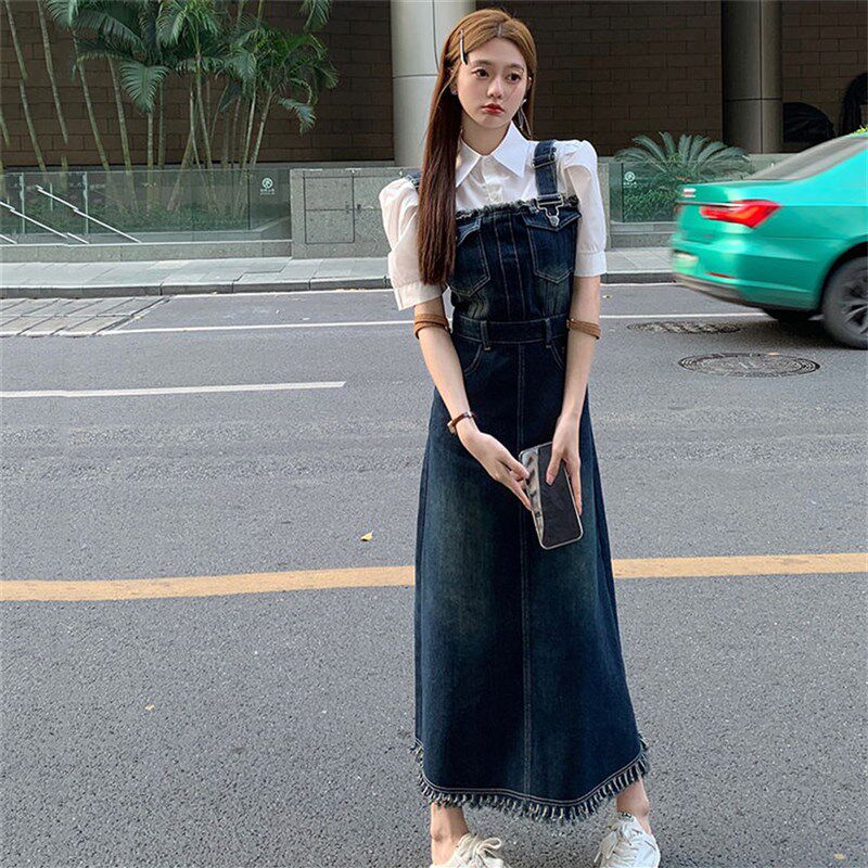 两件套装女2025夏装新款v小个子宽松显瘦流苏牛仔背带裙泡泡袖衬