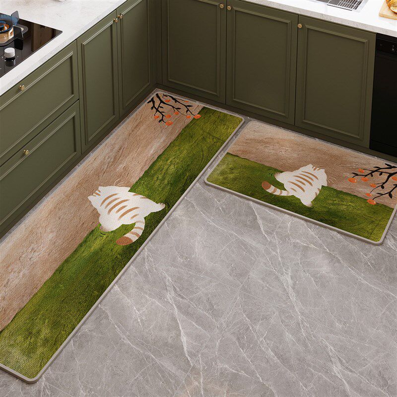 可爱猫咪亚麻编织厨房地垫防滑防油可擦免洗耐脏吸水W防污门口脚