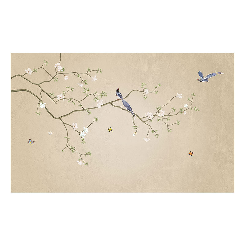 客厅电视背景墙新中式花鸟壁画书房沙发影视墙.布硬包壁纸