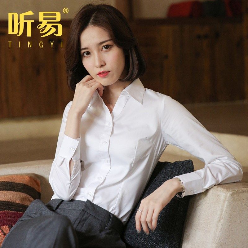 v领白色衬衫女职业长袖工作服正装工装新款保暖加厚加Y绒正装衬衣