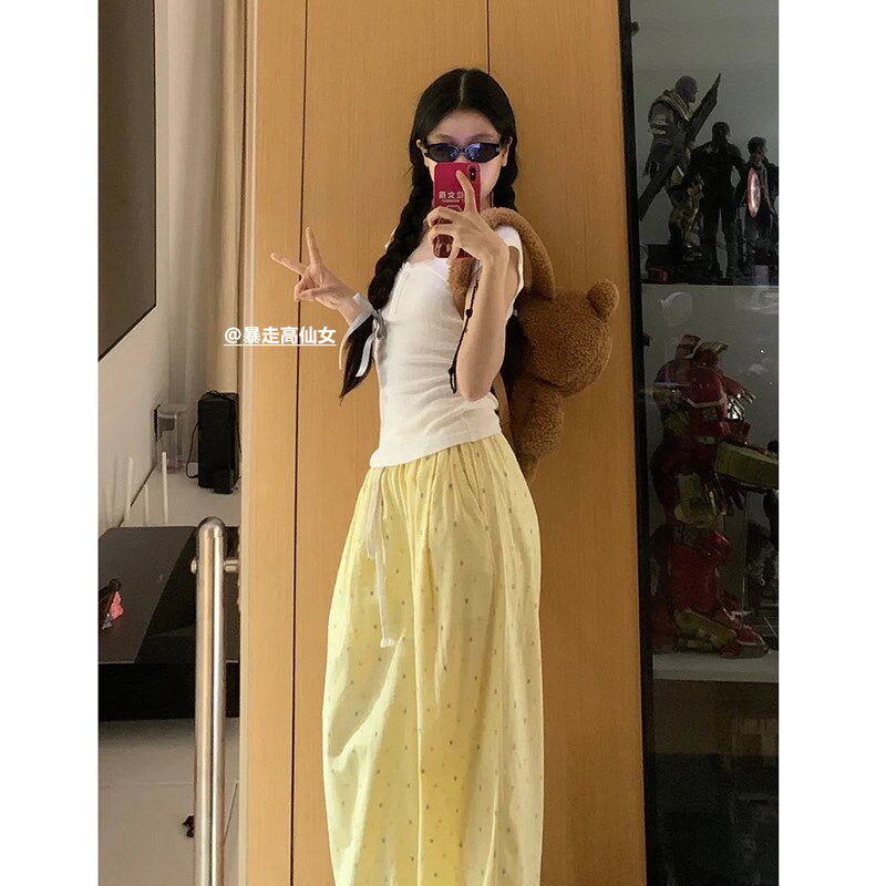 175高个子加长版黄色波点裤女夏季薄款宽松慵懒风直筒垂感阔腿裤