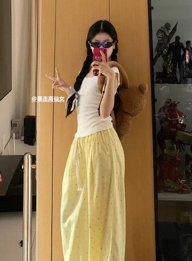 175高个子加长版黄色波点裤女夏季薄款宽松慵懒风直筒垂感阔腿裤