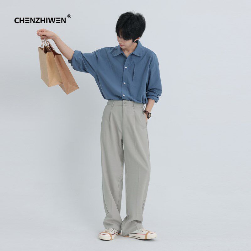 陈智文夏季新款高级设计感休闲蓝色薄款宽松长袖衬衫衬衣男