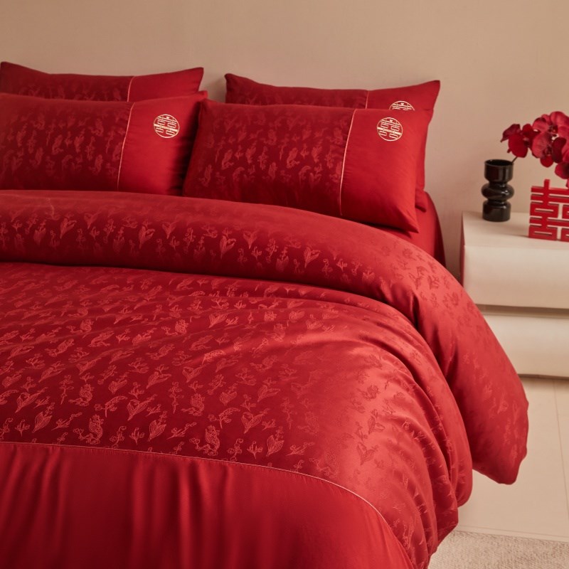 高档提花结婚四件套大红色新婚陪嫁被套纯棉婚庆床上用品婚房喜被