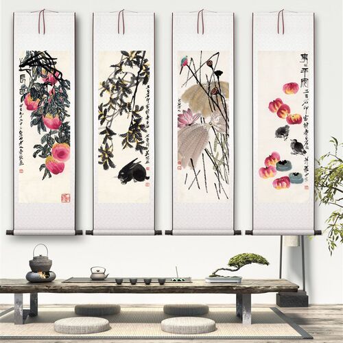 齐白石《四条屏》客厅书房茶室装饰画挂画玄关水墨高清卷轴字画