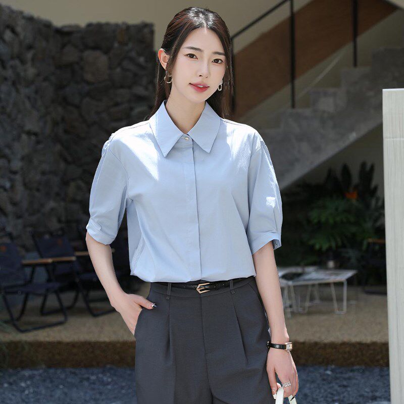 白色棉质衬衫女夏季新q款宽松显瘦气质工作职业通勤面试中袖衬衣