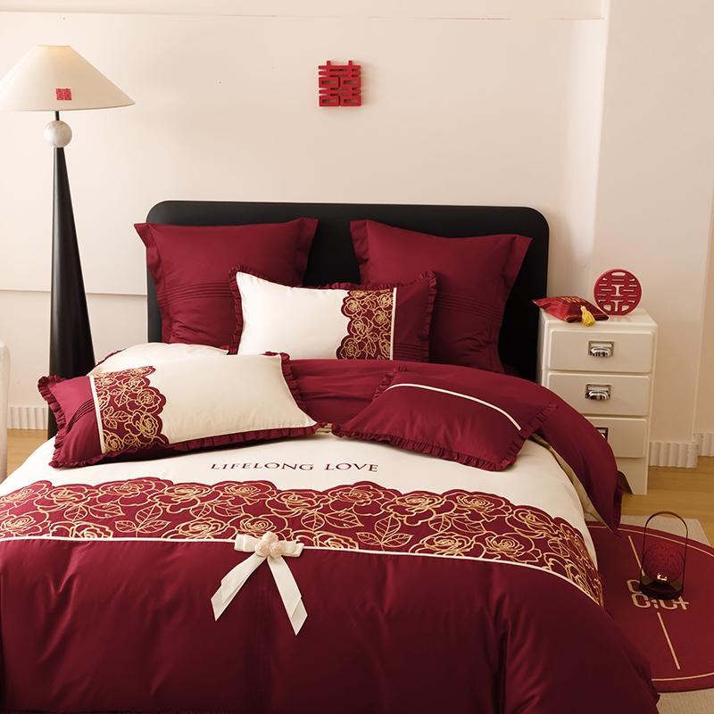 浪漫婚庆100支澳棉全棉四件套红色纯棉结婚刺绣被套床单床上用品4
