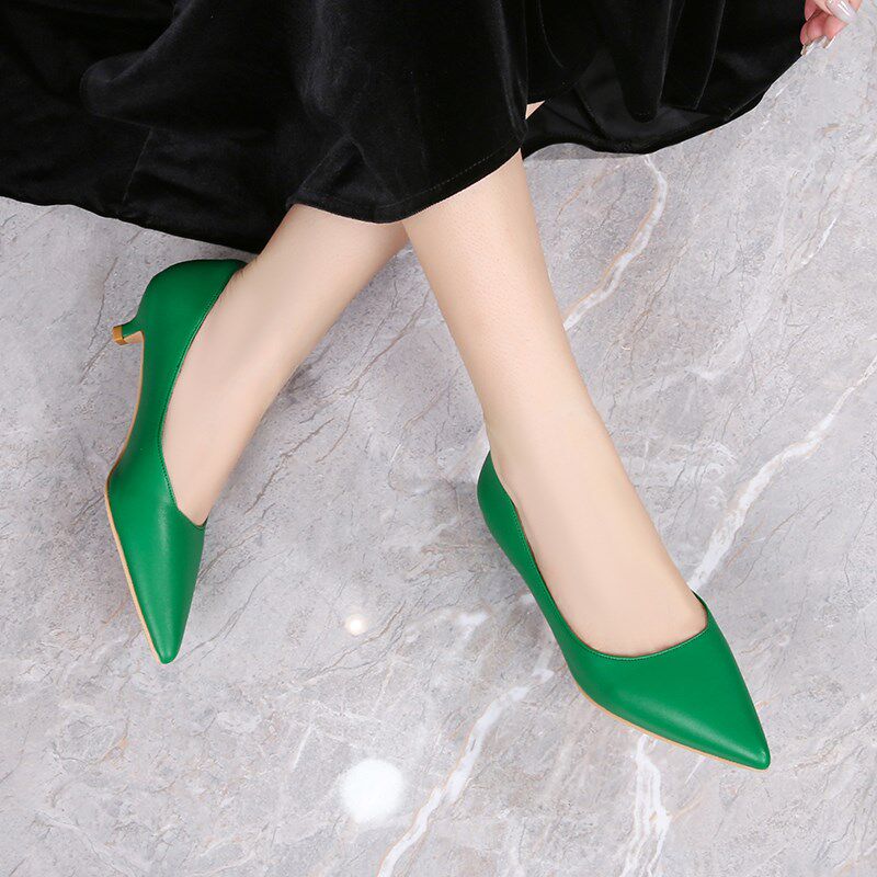 工作鞋女黑色久站不累脚3cm法式尖头细跟高跟鞋百搭绿色低跟单鞋