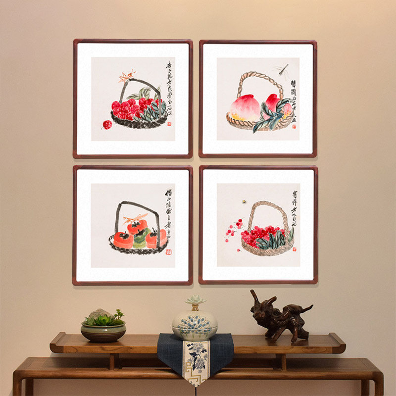 国画斗方形柿子挂画客厅装饰画酒店餐厅壁画齐白石字画硕果累累