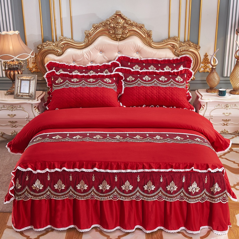 全棉双人加厚四件套100%纯棉斜纹被套床裙韩式蕾丝床单夹棉床罩套