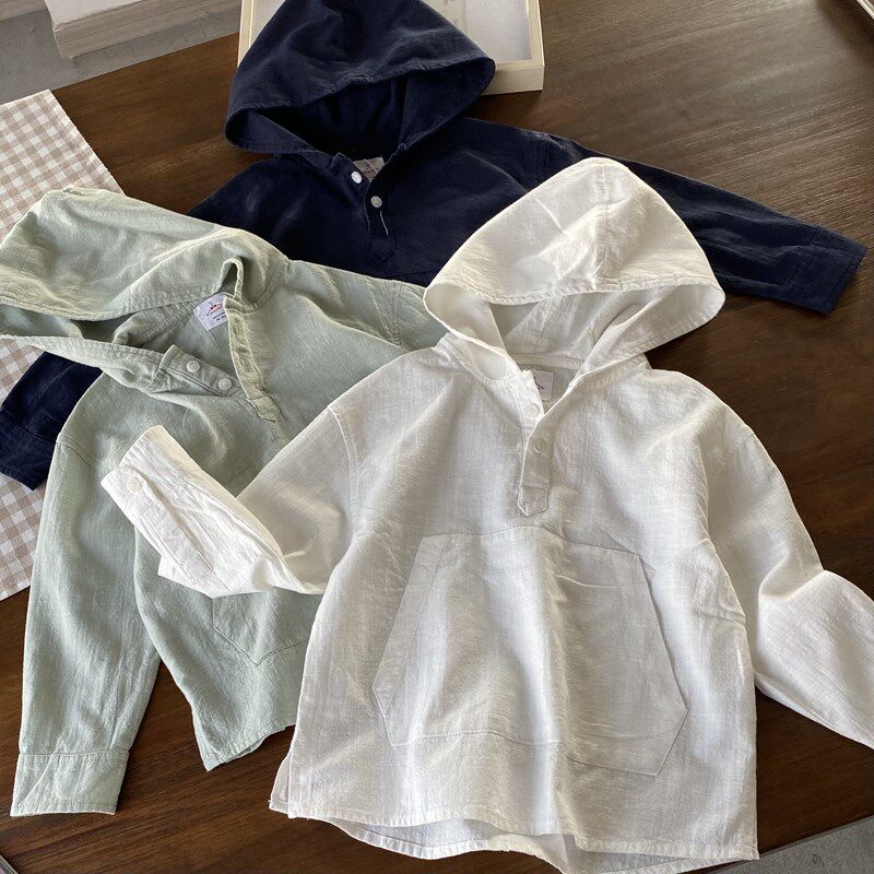 砂洗棉~柔软有质感 男童连帽风衣款长袖衬衣 纯色白衬衫 23新款