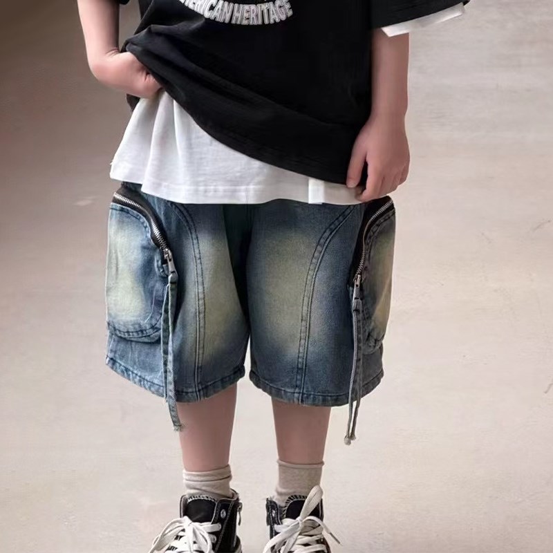 夏季新款男童软牛仔五分裤男孩宽松百搭洋气大口袋休闲牛仔中裤潮