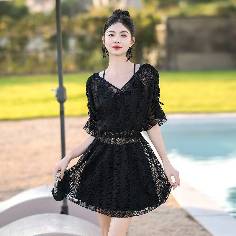 泳衣女泡温泉冬天分体裙式平角裤微胖女士大码高级感三件套带罩衫