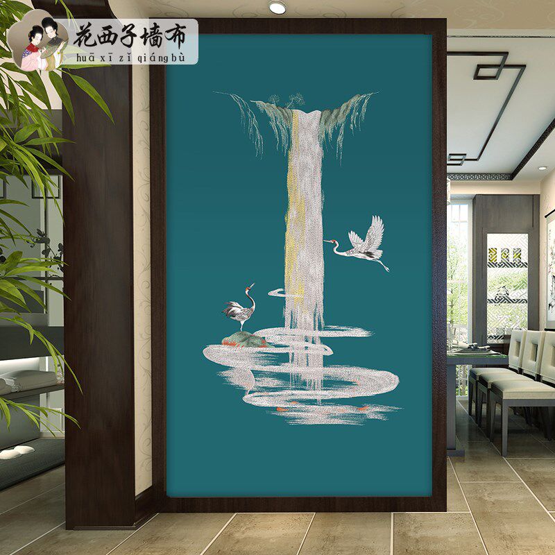 流水生财中式入户客厅玄关背景墙布过道走廊独秀刺绣茶室家装壁布