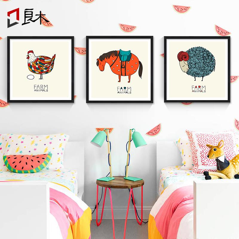 卡通农场小动物萌宠创意儿童房卧室床头挂画现代简约壁画装饰画图片