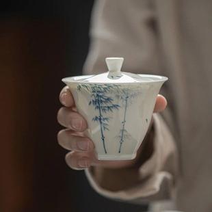 葉嶼玉泥白瓷釉下純手繪青花竹子蓋碗文人功夫泡茶蓋碗素雅風(fēng)碗杯