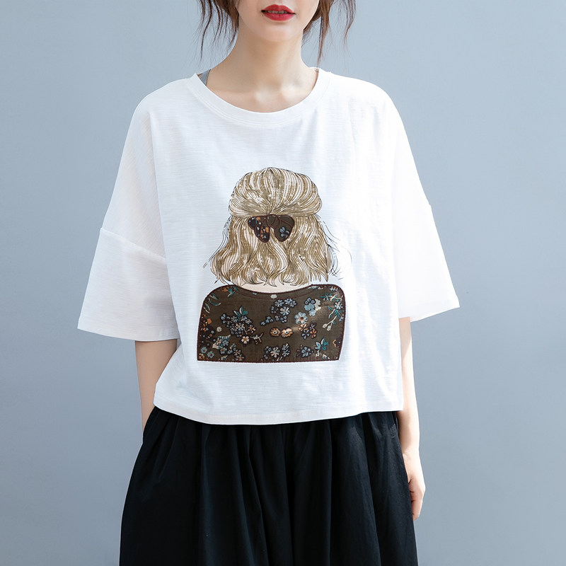 清濯白色竹节棉背影图案宽松圆领T恤女K文艺落肩五分袖遮肉短款