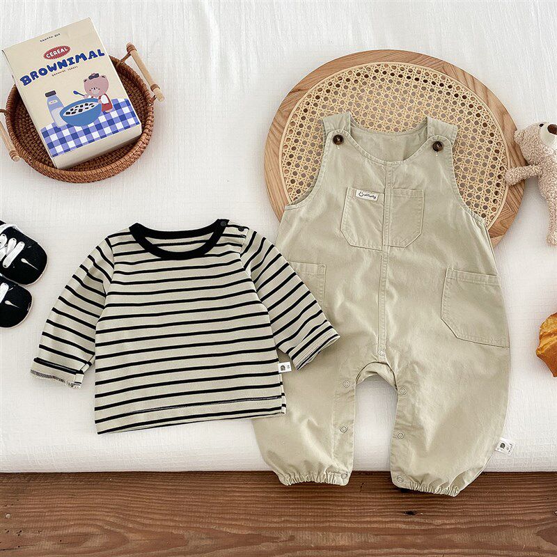 春秋季婴儿工装背带裤条纹打底衫洋气男宝宝连体衣两件套春装