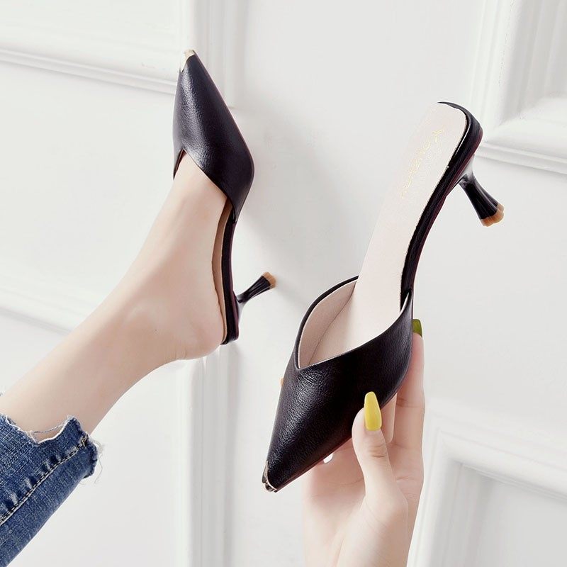 简约气质包头中跟尖头拖鞋女凉拖百搭细跟高跟鞋大码鞋40414243,女鞋,时装凉鞋,淘宝优惠券,粉丝福利购,淘宝优惠卷