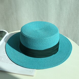 黑色法式平顶草帽女夏平檐礼帽遮阳逛街度假旅行太阳帽男大头围帽