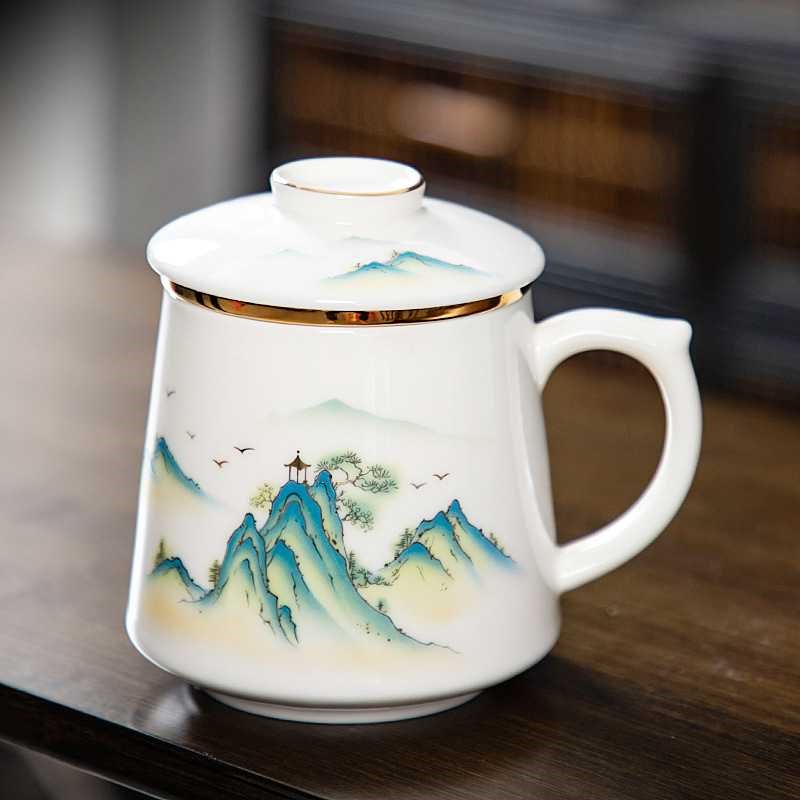 羊脂玉白瓷水杯带盖办公杯陶瓷会议杯酒店宾馆商务茶杯办公室喝水