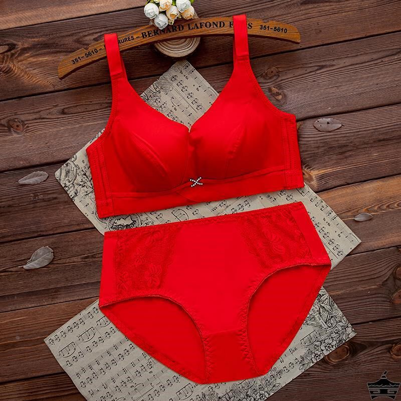 大红色内衣套装本命年结婚新娘文胸女无钢圈加厚小胸聚拢胸罩上托