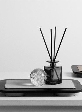 梵其简约现代咖色皮革木质几何托盘样板房酒店装饰盘摆件餐厅软装