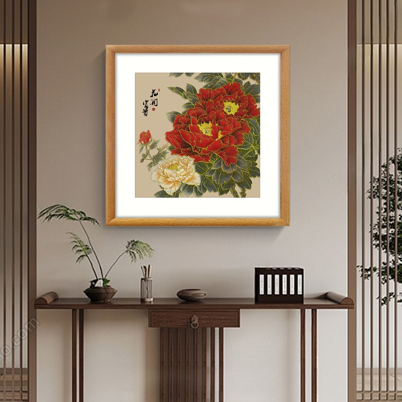 新中式方形玄关装饰画牡丹富贵图客厅走廊挂画茶室卧室书房壁画图片