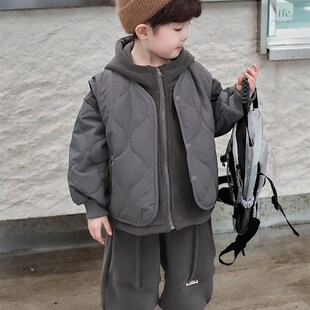 男童冬季加绒套装2024新款儿童洋气加厚冬装宝宝韩版马甲三件套潮