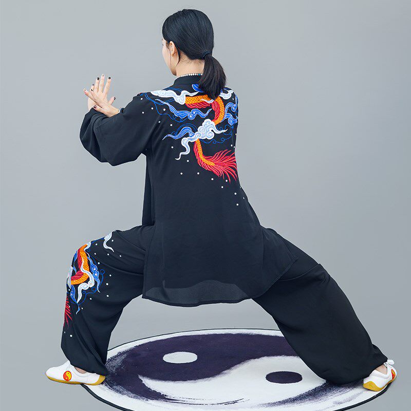 马蕾太极夏季薄款中长款太极表演服透气八锦缎气功服刺绣蛟龙出海