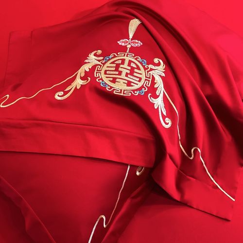 高档140支长绒棉结婚四件套纯棉陪嫁被套红色全棉床单新婚庆床品8