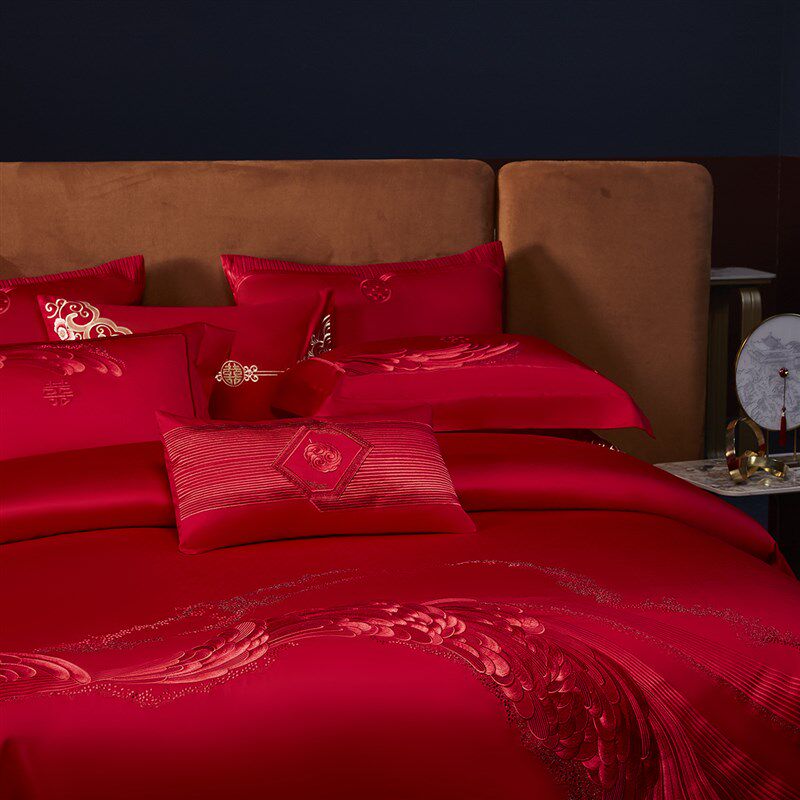 140支全棉大红色婚庆四件套刺绣结婚六十件套喜被子婚房床上用品
