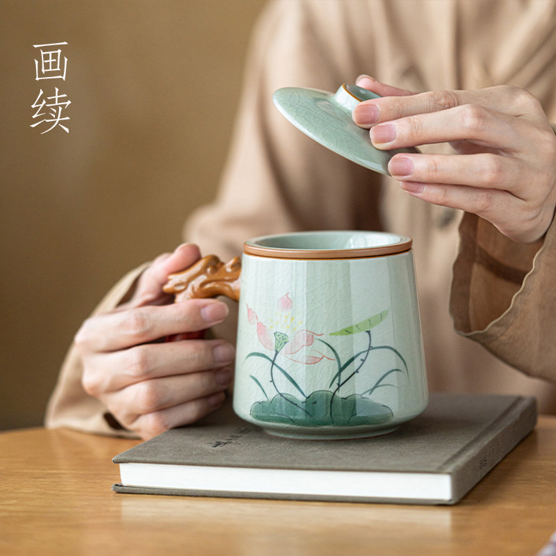 画续冰裂纹手绘芙蓉茶水s分离泡茶杯子陶瓷过滤内胆办公室水杯送