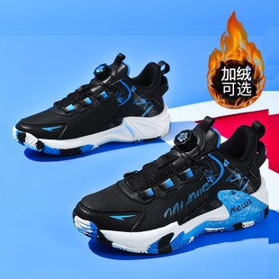 旋转纽扣男鞋子秋冬季青少年学生防水皮面跑步大童加绒保暖运动鞋