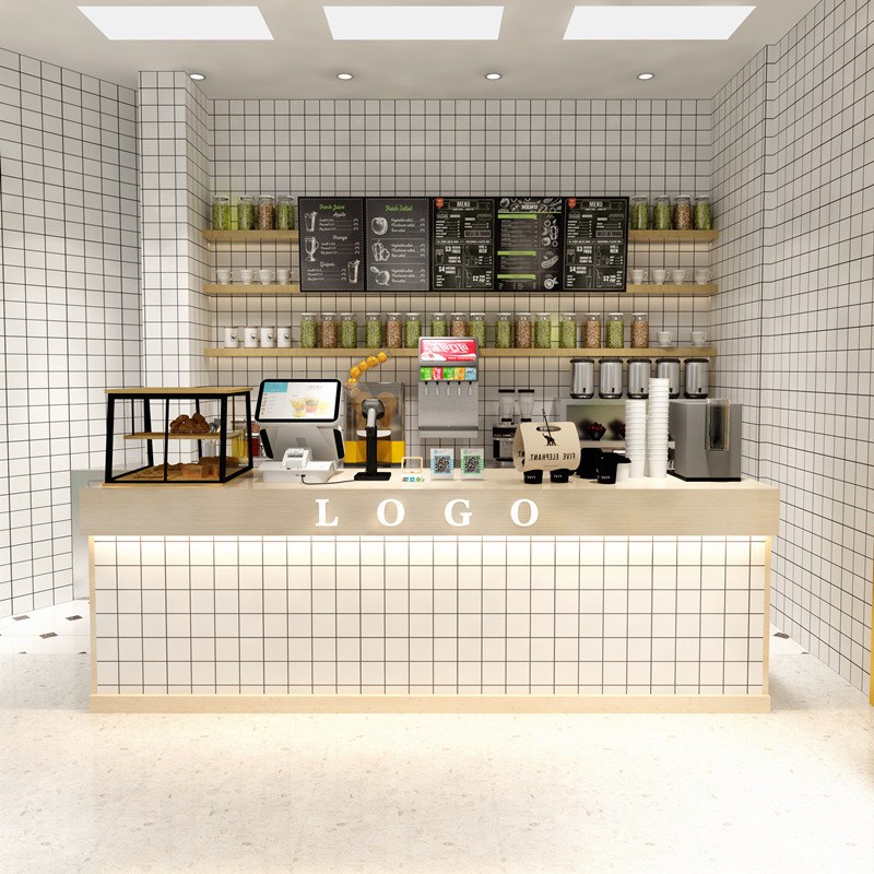 奶茶店收银台蛋糕店吧台桌实木拐角柜台带隔层前台接待台简约现代