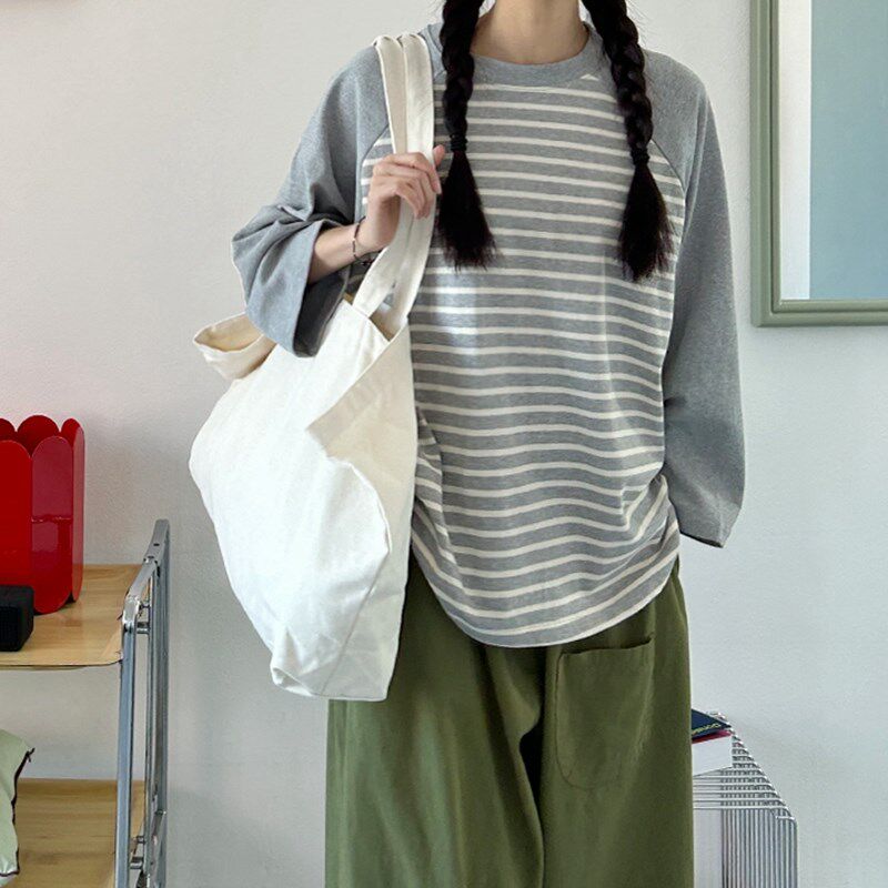 T320好品质韩国女厚棉插w肩袖拼色条纹宽松八分袖秋冬t恤打底