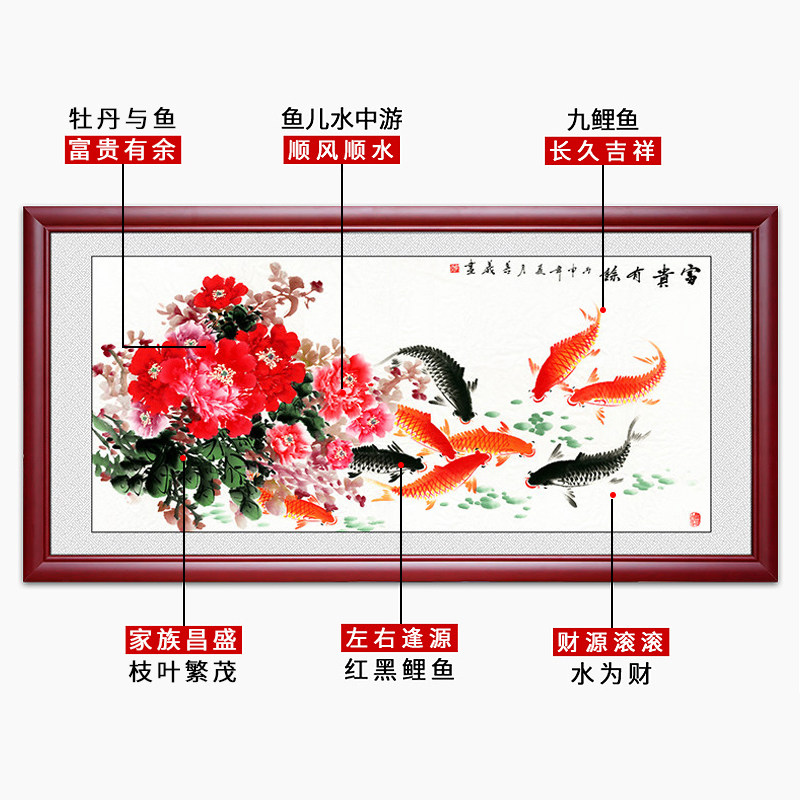 九鱼图中式客g厅挂画玄关九条鱼卧室装饰画荷花背景墙画年年有余