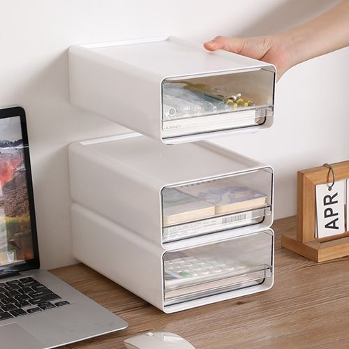 办公室桌面收纳盒抽屉式工位a4文件整理柜透明储物箱可叠加置物架