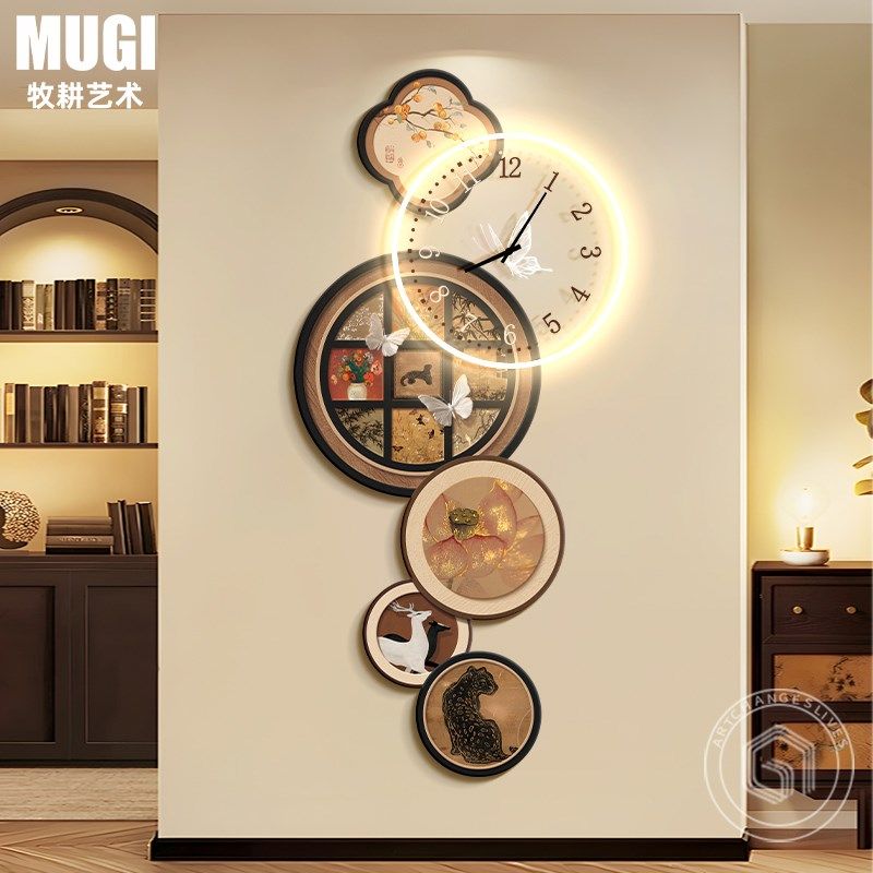 中古风入户玄关装饰画挂钟高级感时钟表挂墙发光复古走Z廊过道挂,家居饰品,现代装饰画,淘宝优惠券,粉丝福利购,淘宝优惠卷