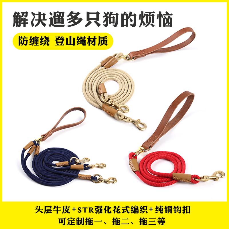狗狗牵引绳多头牵一拖二宠物防缠绕金毛柯基德牧泰迪双头狗绳大型
